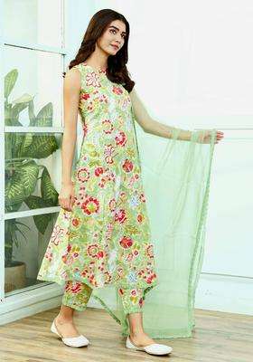 Pastel Green A Line Cotton Suit Kurta with Pant and Dupatta Set of 3 for Women Casual Wear