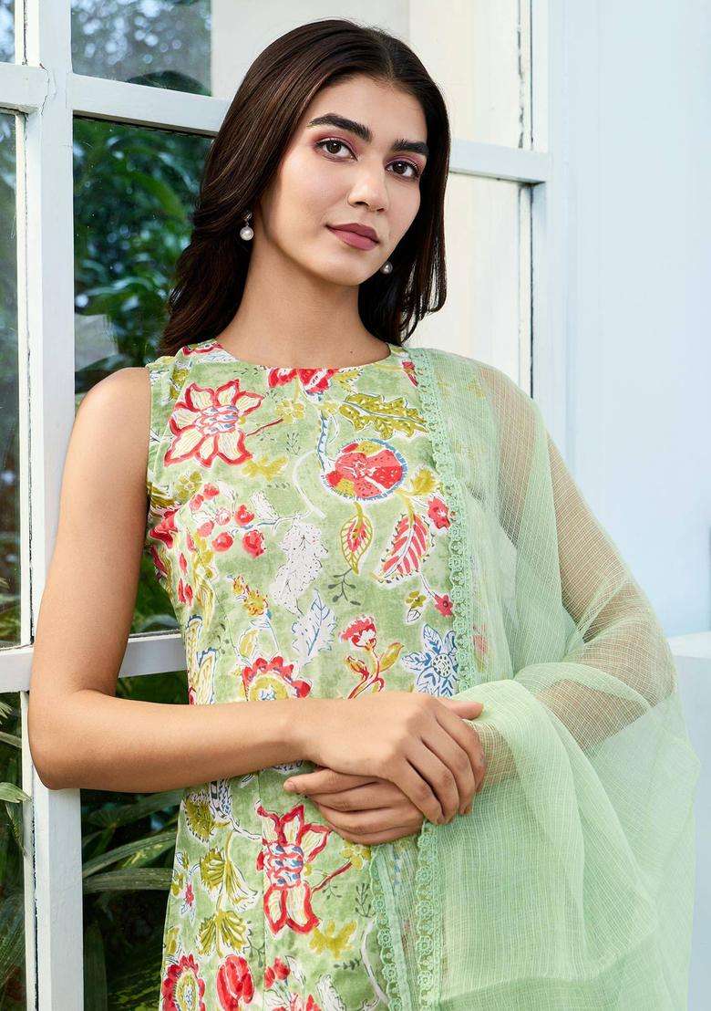 Pastel Green A Line Cotton Suit Kurta with Pant and Dupatta Set of 3 for Women Casual Wear - Indya
