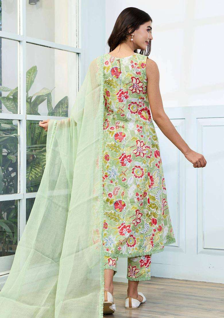 Pastel Green A Line Cotton Suit Kurta with Pant and Dupatta Set of 3 for Women Casual Wear - Indya