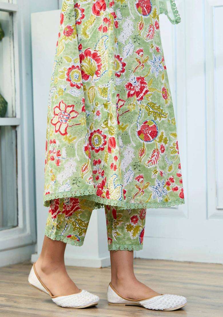 Pastel Green A Line Cotton Suit Kurta with Pant and Dupatta Set of 3 for Women Casual Wear - Indya