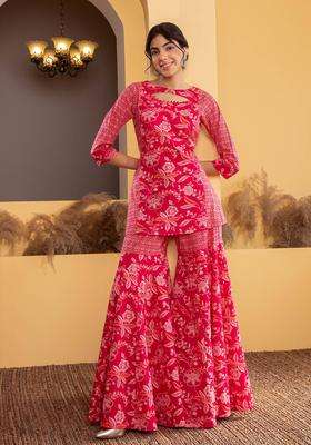 Pink Cotton Printed Kurta with Sharara and Dupatta Set of 3 for Women Casual Wear