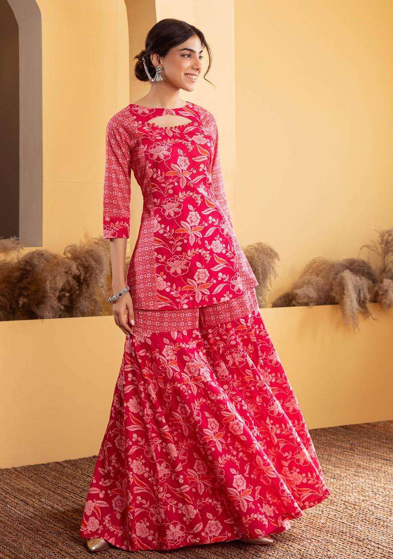 Pink Cotton Printed Kurta with Sharara and Dupatta Set of 3 for Women Casual Wear - Indya