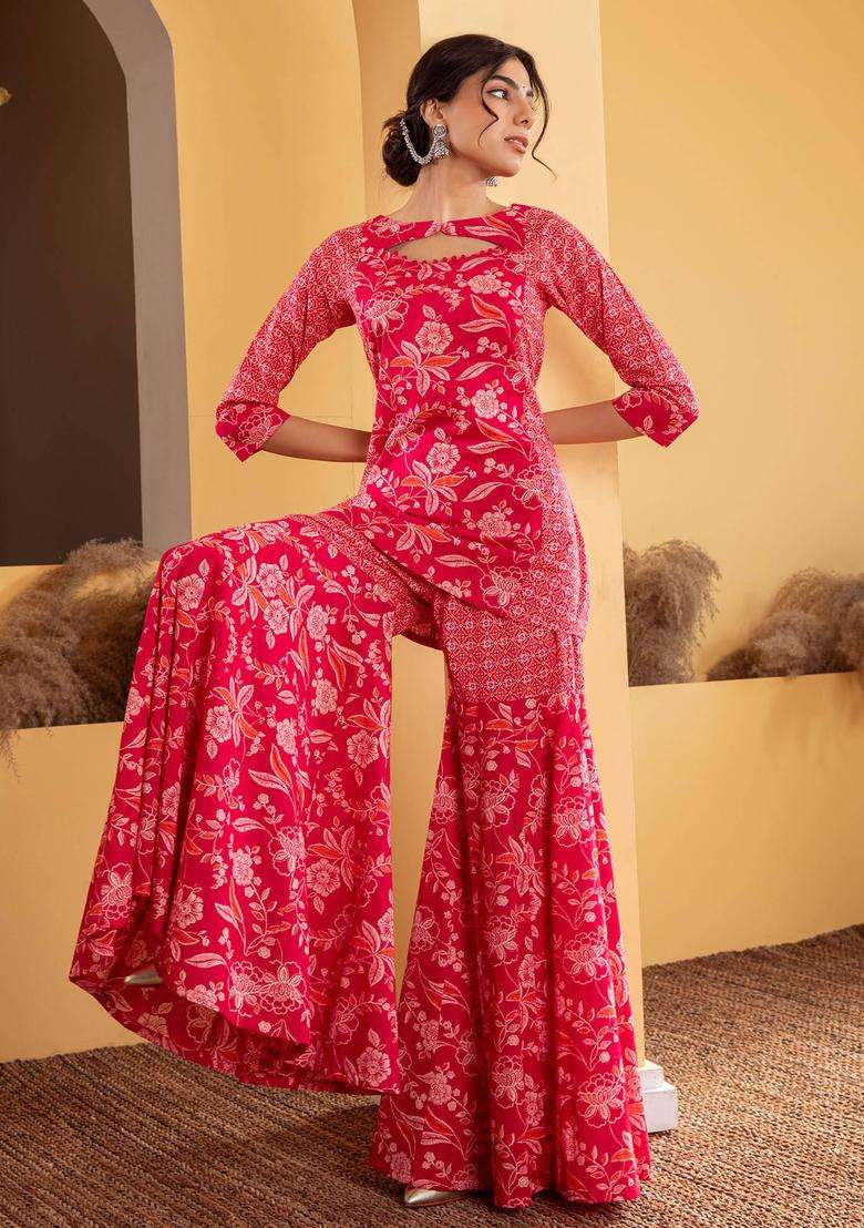 Pink Cotton Printed Kurta with Sharara and Dupatta Set of 3 for Women Casual Wear - Indya