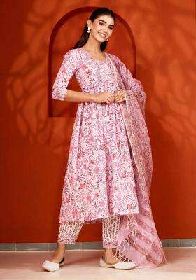 Pink Handblock Printed Cotton Suit Kurta with Pant and Dupatta Set of 3 for Women Festive Wear