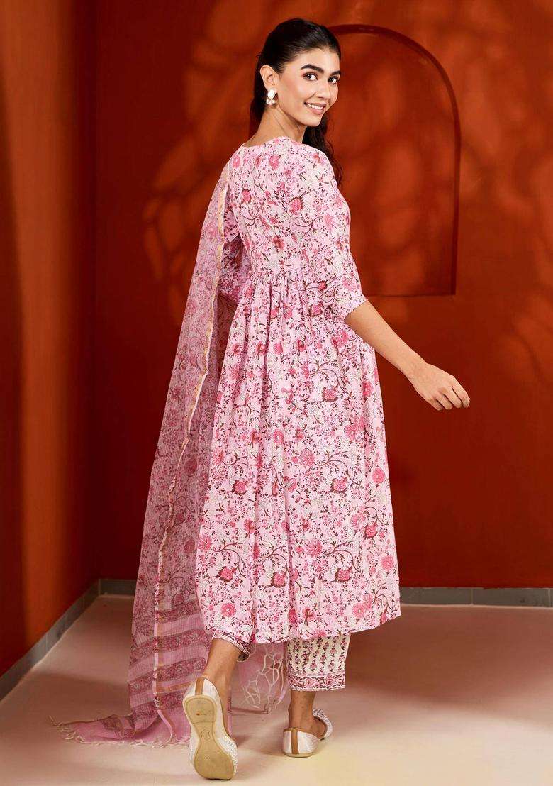 Pink Handblock Printed Cotton Suit Kurta with Pant and Dupatta Set of 3 for Women Festive Wear - Indya