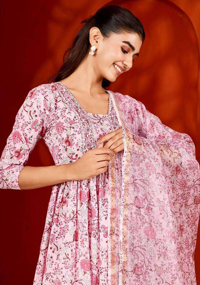Pink Handblock Printed Cotton Suit Kurta with Pant and Dupatta Set of 3 for Women Festive Wear - Indya