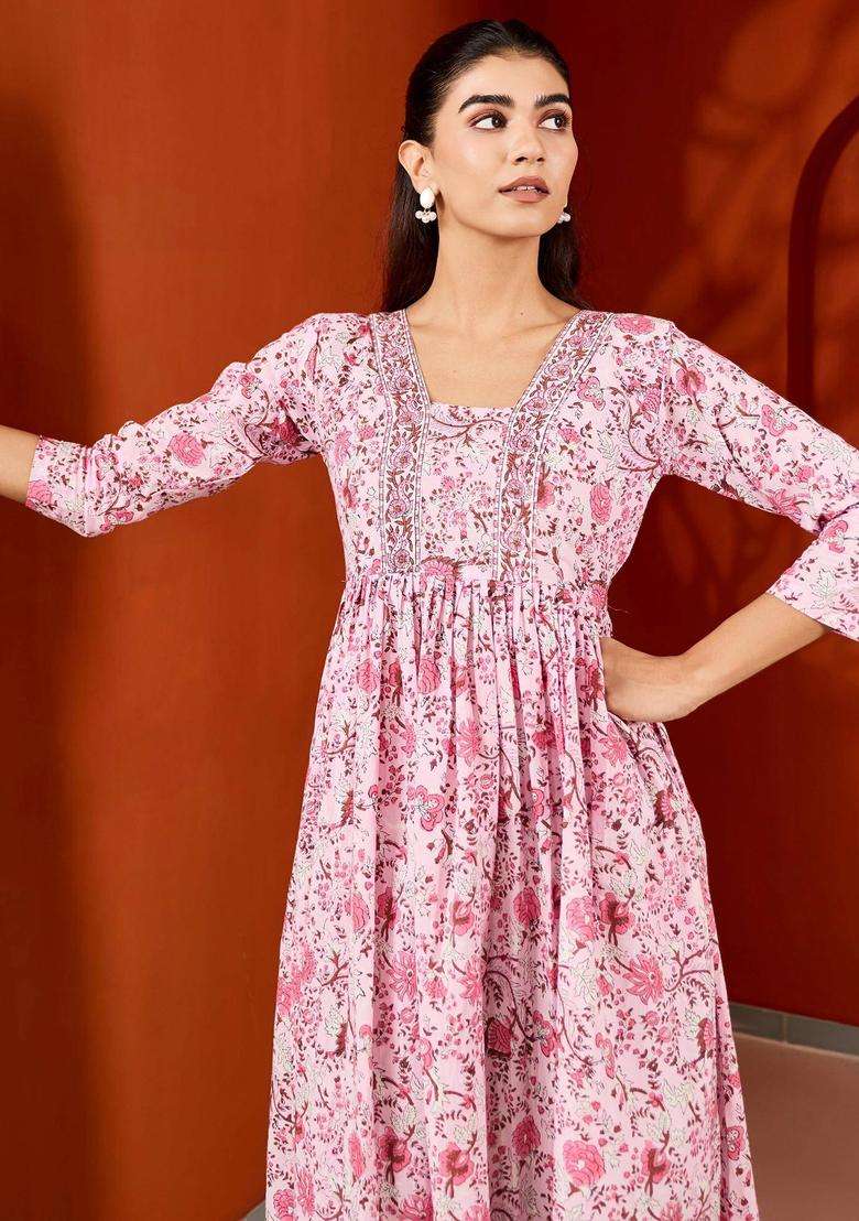 Pink Handblock Printed Cotton Suit Kurta with Pant and Dupatta Set of 3 for Women Festive Wear - Indya