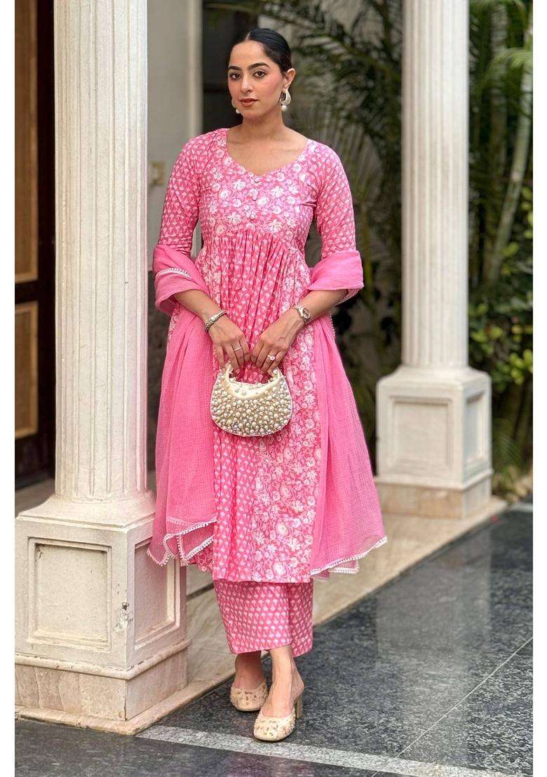 Pink Printed Cotton Anarkali Kurta Suit with Pant and Dupatta Set of 3 for Women Festive Wear - Indya