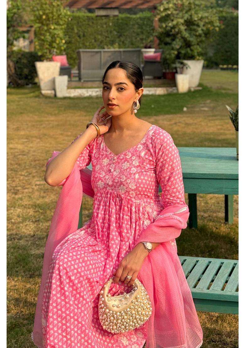 Pink Printed Cotton Anarkali Kurta Suit with Pant and Dupatta Set of 3 for Women Festive Wear - Indya