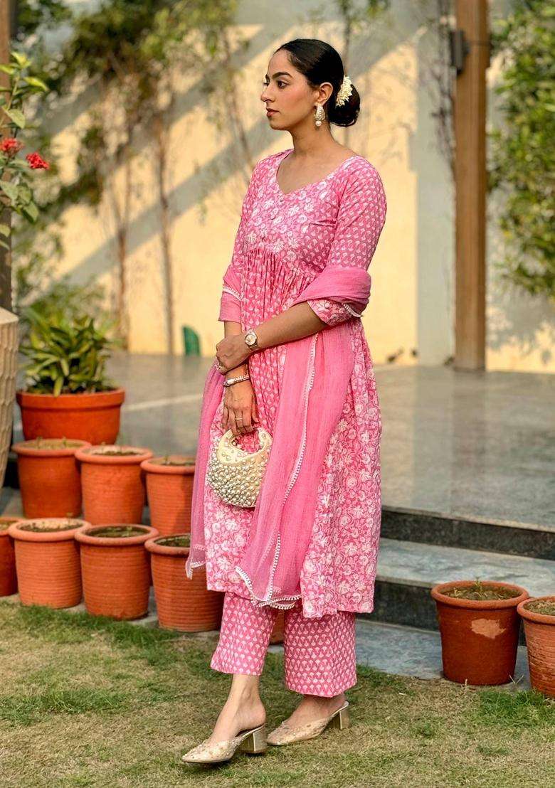 Pink Printed Cotton Anarkali Kurta Suit with Pant and Dupatta Set of 3 for Women Festive Wear - Indya