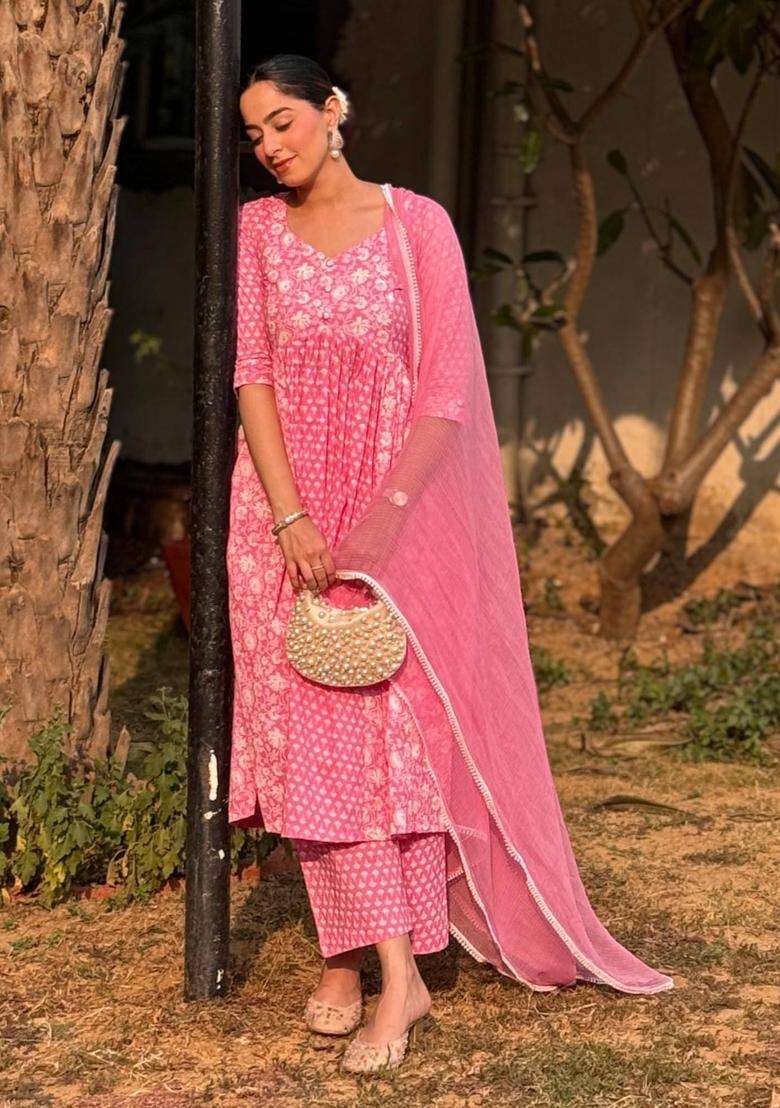 Pink Printed Cotton Anarkali Kurta Suit with Pant and Dupatta Set of 3 for Women Festive Wear - Indya