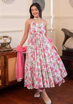 Pink Noodle Strap Printed Cotton Anarkali Suit with Palazzo and Dupatta Set of 3 for Women Casual Wear