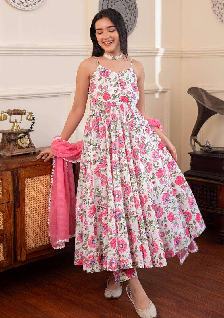 Pink Noodle Strap Printed Cotton Anarkali Suit with Palazzo and Dupatta Set of 3 for Women Casual Wear - Indya