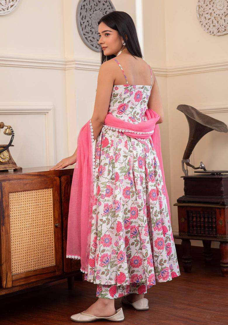 Pink Noodle Strap Printed Cotton Anarkali Suit with Palazzo and Dupatta Set of 3 for Women Casual Wear - Indya