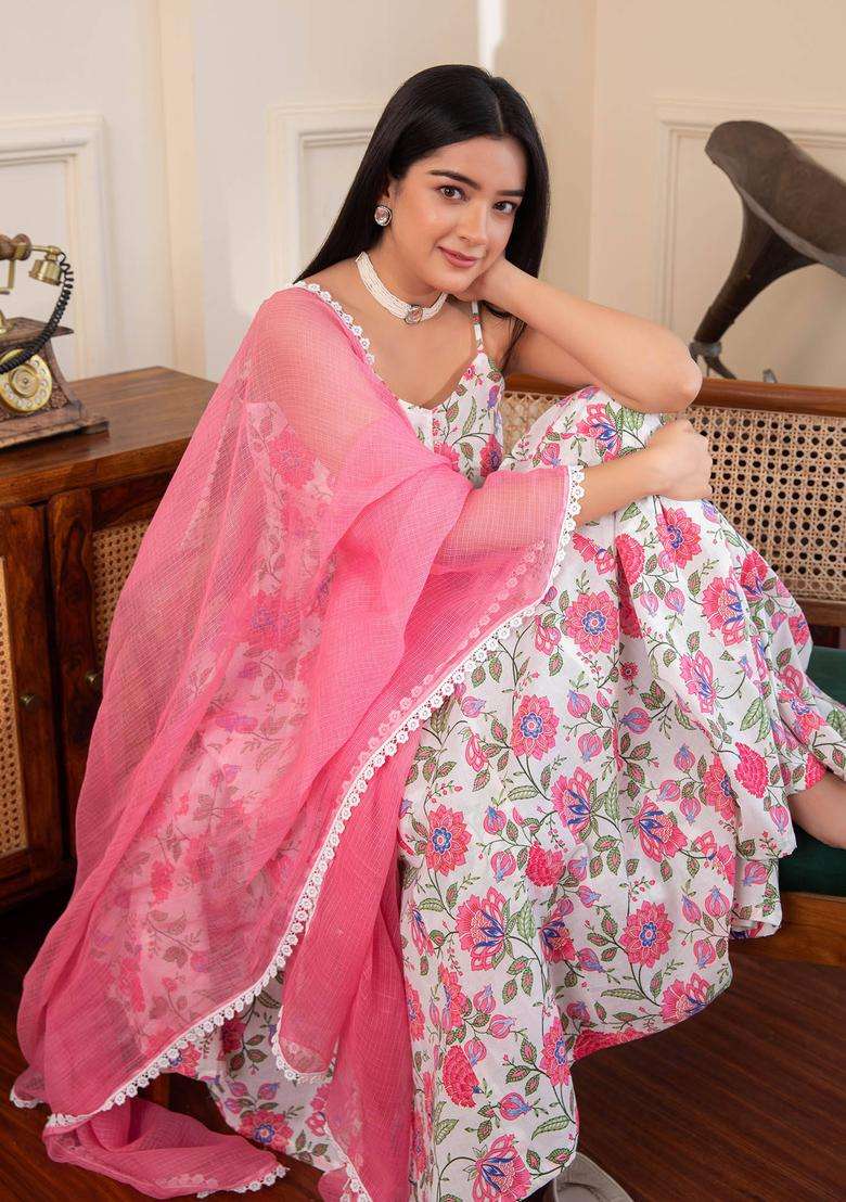 Pink Noodle Strap Printed Cotton Anarkali Suit with Palazzo and Dupatta Set of 3 for Women Casual Wear - Indya