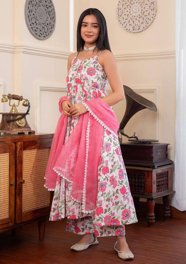 Pink Noodle Strap Printed Cotton Anarkali Suit with Palazzo and Dupatta Set of 3 for Women Casual Wear - Indya