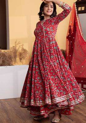 Red Printed Cotton Anarkali Kurta with Palazzo and Dupatta Set of 3 for Women Casual Wear