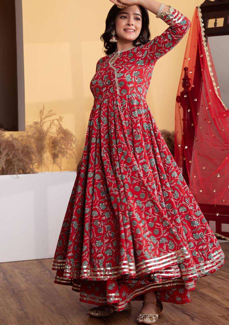 Red Printed Cotton Anarkali Kurta with Palazzo and Dupatta Set of 3 for Women Casual Wear - Indya