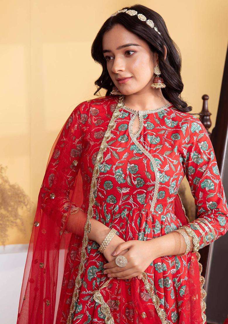 Red Printed Cotton Anarkali Kurta with Palazzo and Dupatta Set of 3 for Women Casual Wear - Indya