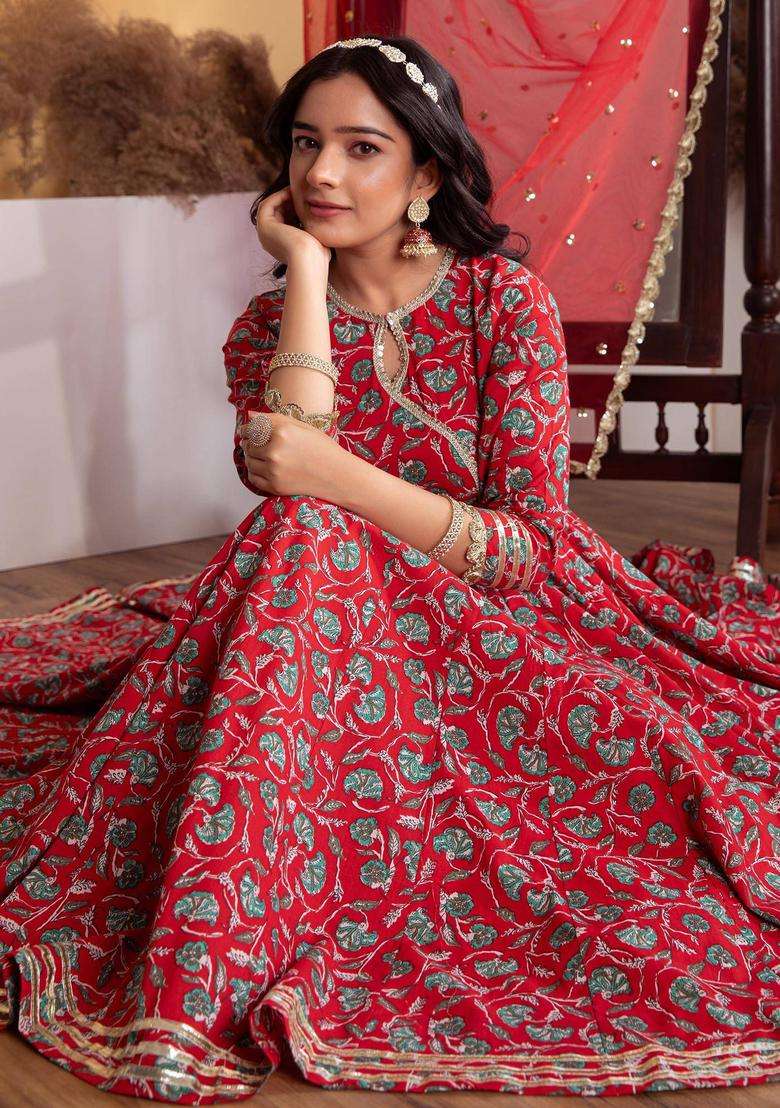 Red Printed Cotton Anarkali Kurta with Palazzo and Dupatta Set of 3 for Women Casual Wear - Indya