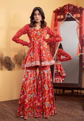 Red Sweetheart Neck Printed Cotton Kurta and Shaara with Dupatta Set of 3 for Women Festive Wear