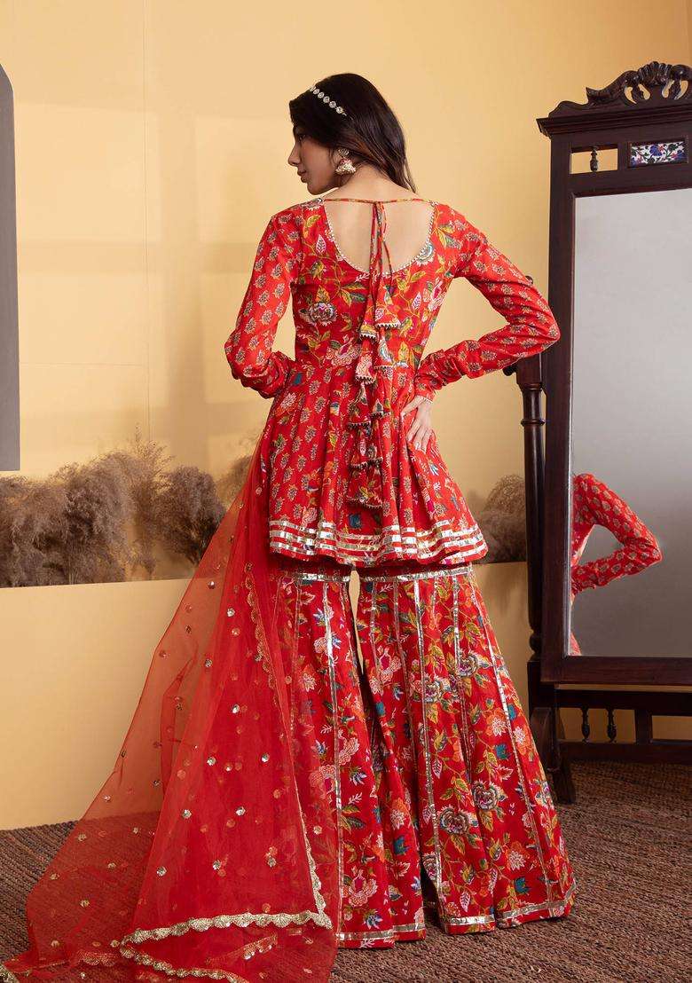Red Sweetheart Neck Printed Cotton Kurta and Shaara with Dupatta Set of 3 for Women Festive Wear - Indya