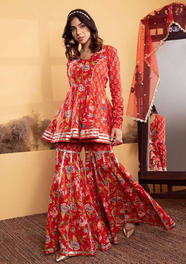 Red Sweetheart Neck Printed Cotton Kurta and Shaara with Dupatta Set of 3 for Women Festive Wear - Indya