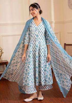 White A Line Printed Cotton Suit with Palazzo and Dupatta Set of 3 for Women Casual Wear