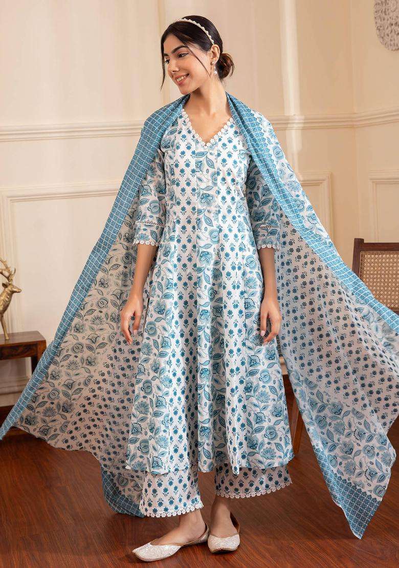 White A Line Printed Cotton Suit with Palazzo and Dupatta Set of 3 for Women Casual Wear - Indya