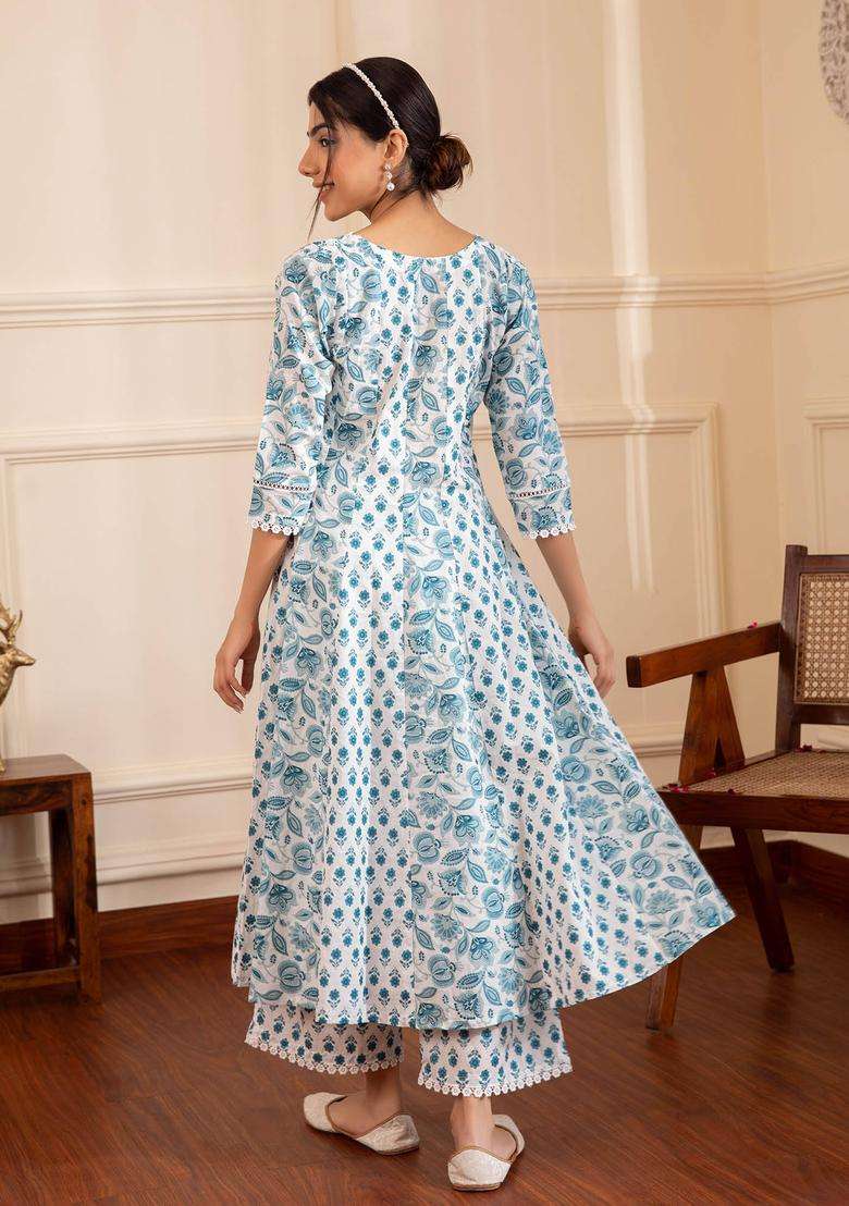 White A Line Printed Cotton Suit with Palazzo and Dupatta Set of 3 for Women Casual Wear - Indya