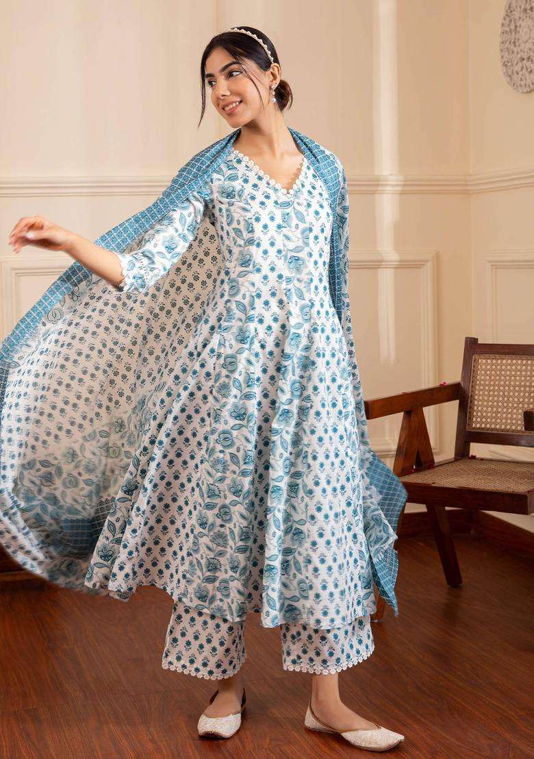 White A Line Printed Cotton Suit with Palazzo and Dupatta Set of 3 for Women Casual Wear - Indya