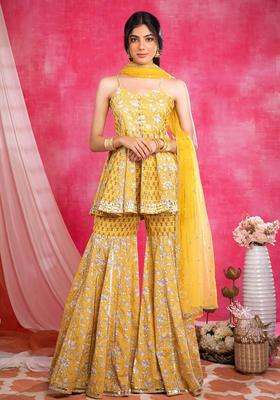 Yellow Cotton Printed Kurta with Sharara and Dupatta Set of 3 for Women Festive Wear