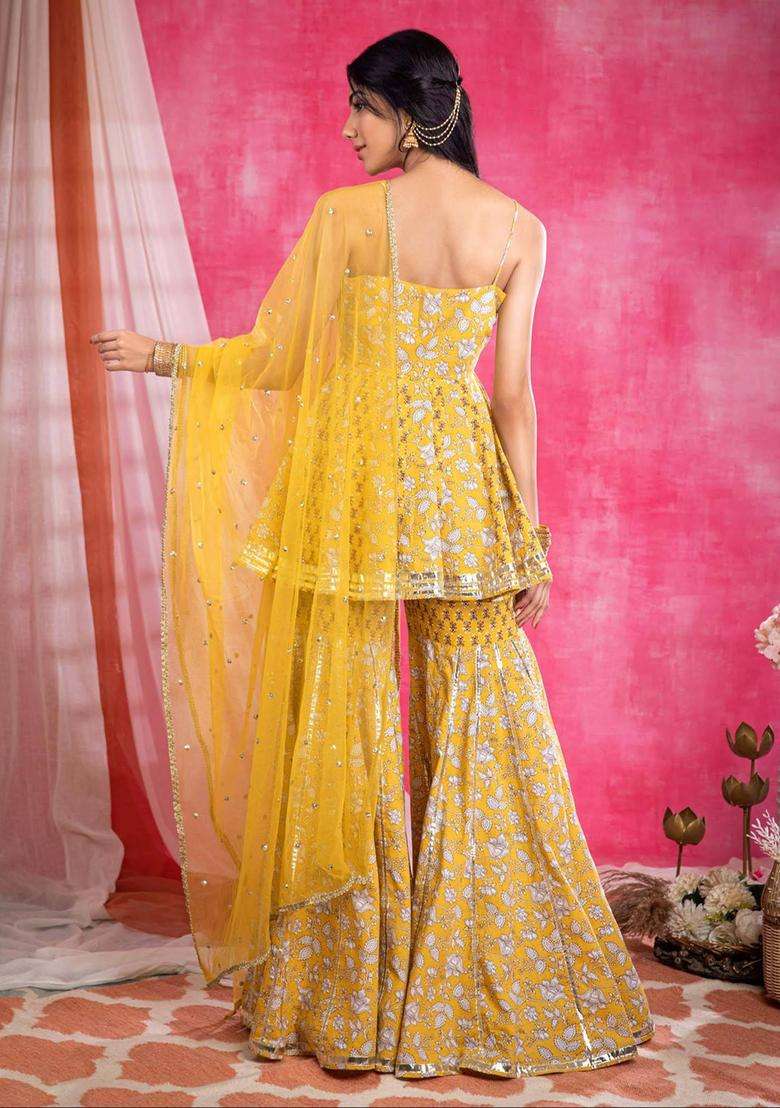 Yellow Cotton Printed Kurta with Sharara and Dupatta Set of 3 for Women Festive Wear - Indya