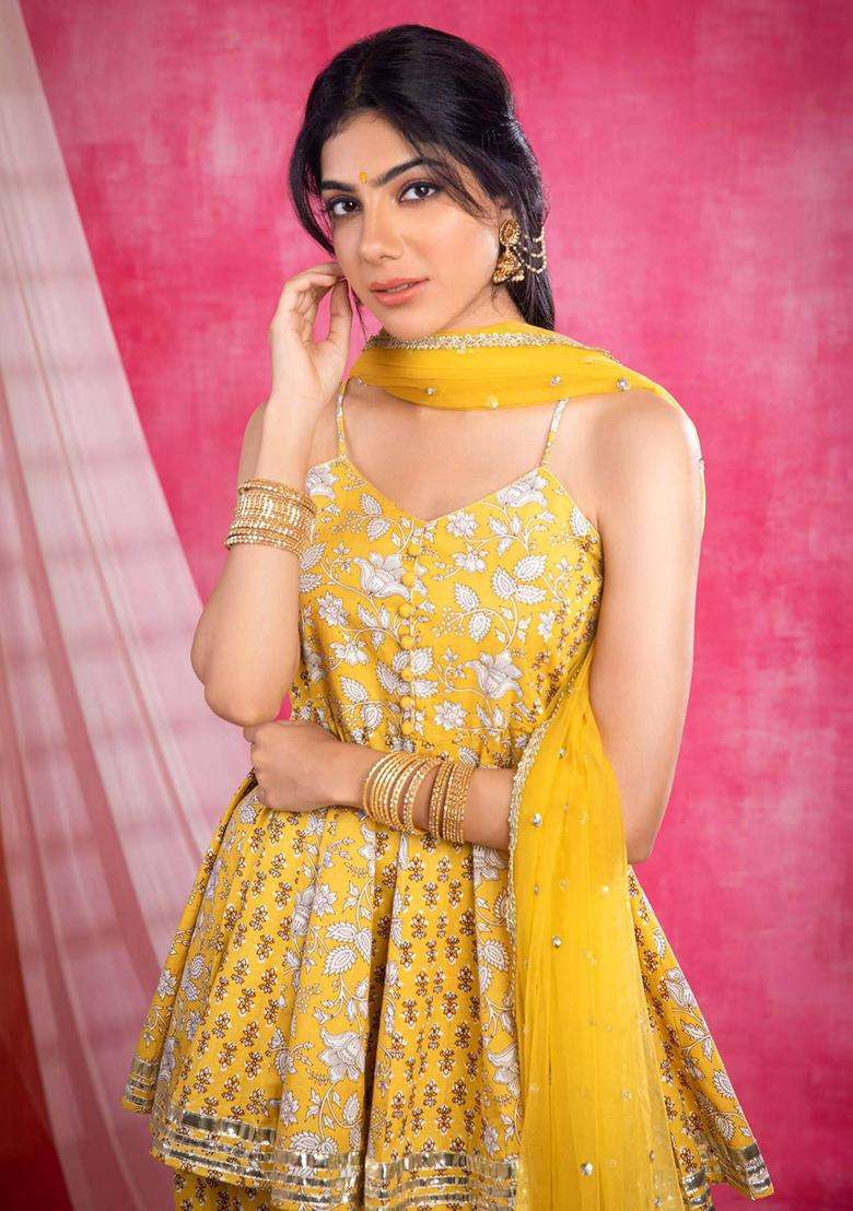 Yellow Cotton Printed Kurta with Sharara and Dupatta Set of 3 for Women Festive Wear - Indya