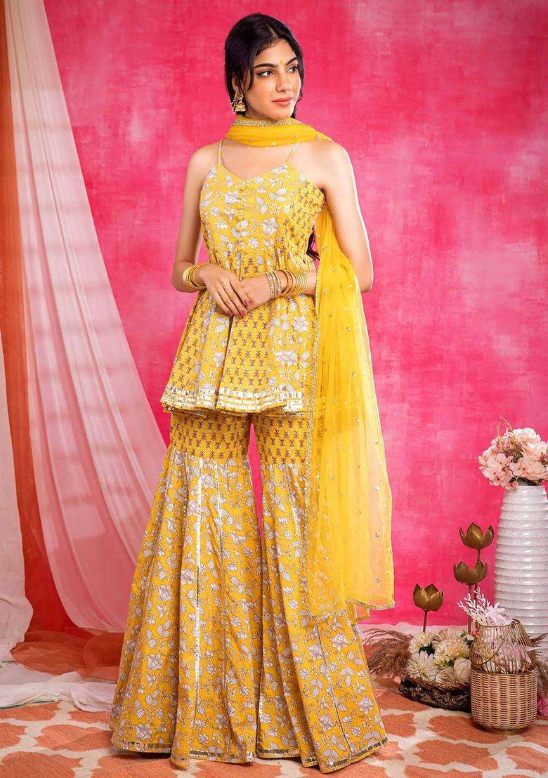 Yellow Cotton Printed Kurta with Sharara and Dupatta Set of 3 for Women Festive Wear - Indya