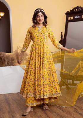 Yellow Printed Cotton Anarkali Suit with Palazzo and Dupatta Set of 3 for Women Casual Wear