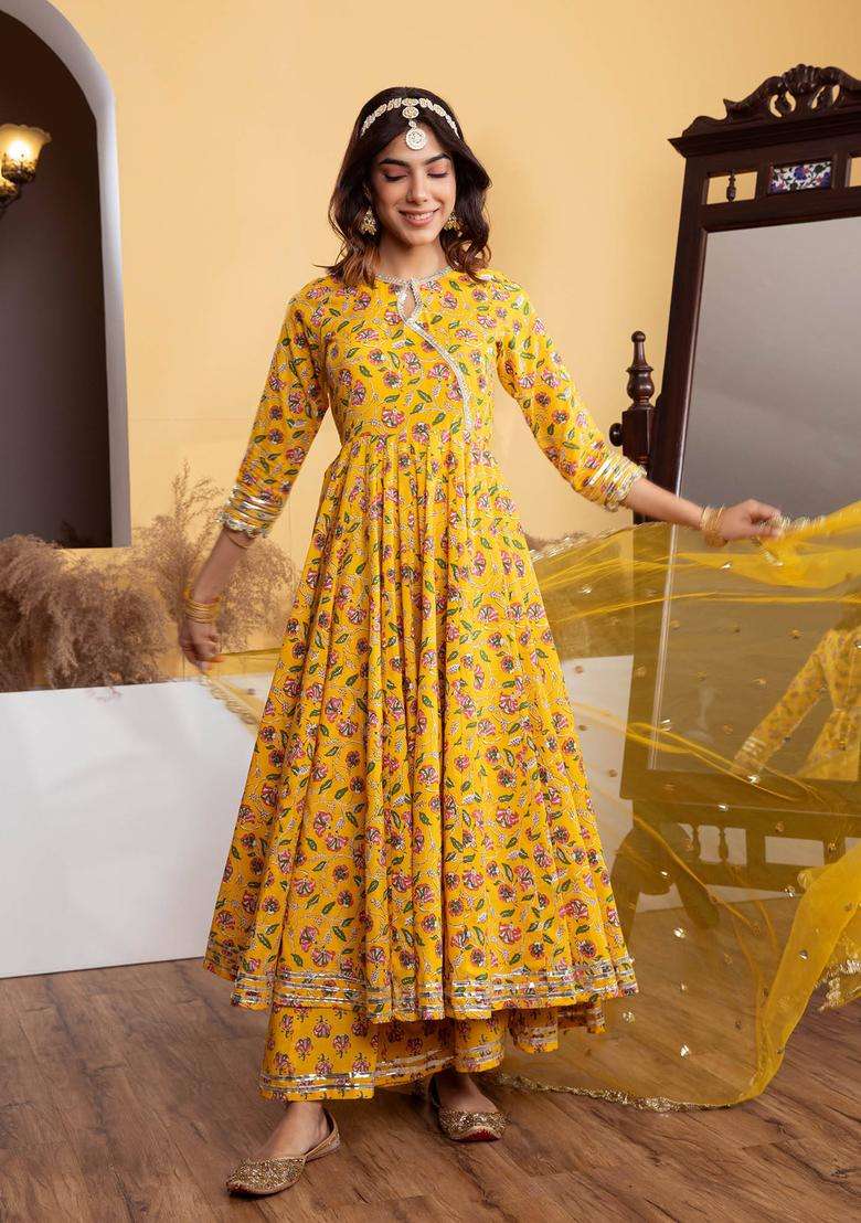 Yellow Printed Cotton Anarkali Suit with Palazzo and Dupatta Set of 3 for Women Casual Wear - Indya