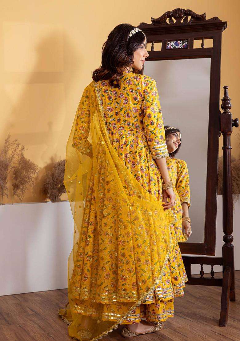 Yellow Printed Cotton Anarkali Suit with Palazzo and Dupatta Set of 3 for Women Casual Wear - Indya