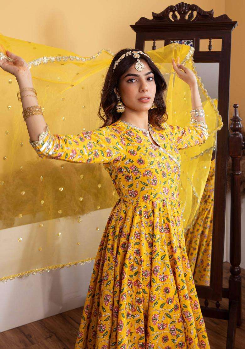 Yellow Printed Cotton Anarkali Suit with Palazzo and Dupatta Set of 3 for Women Casual Wear - Indya