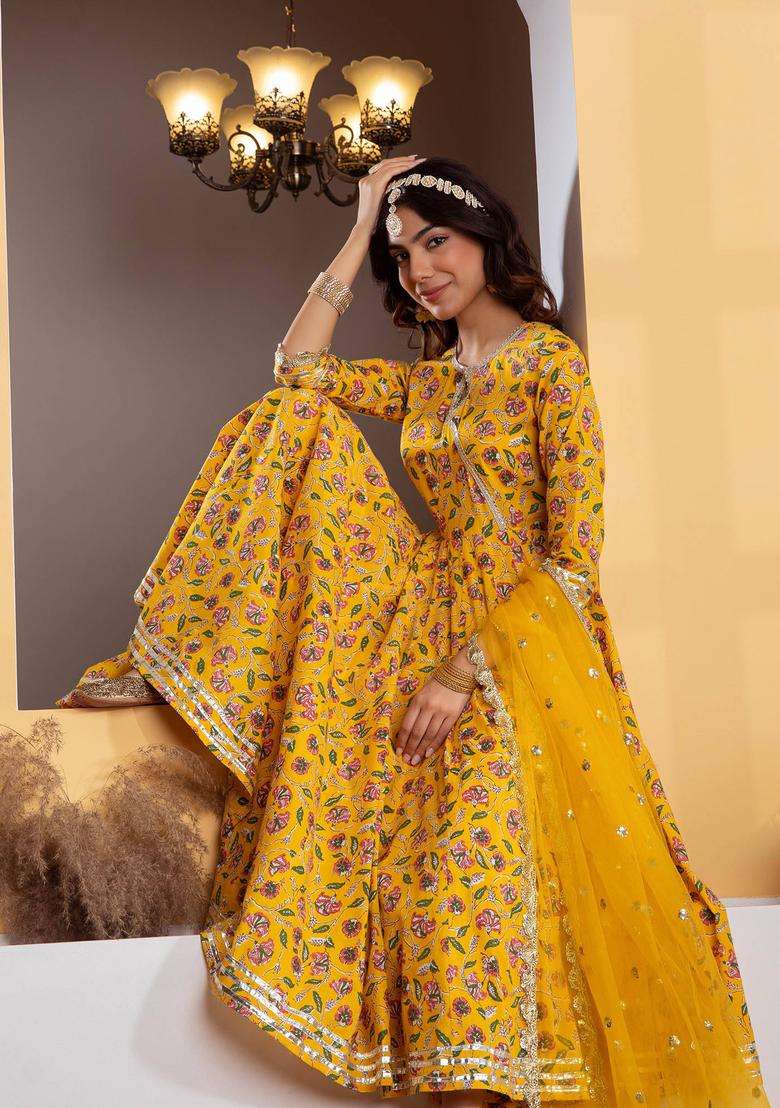 Yellow Printed Cotton Anarkali Suit with Palazzo and Dupatta Set of 3 for Women Casual Wear - Indya