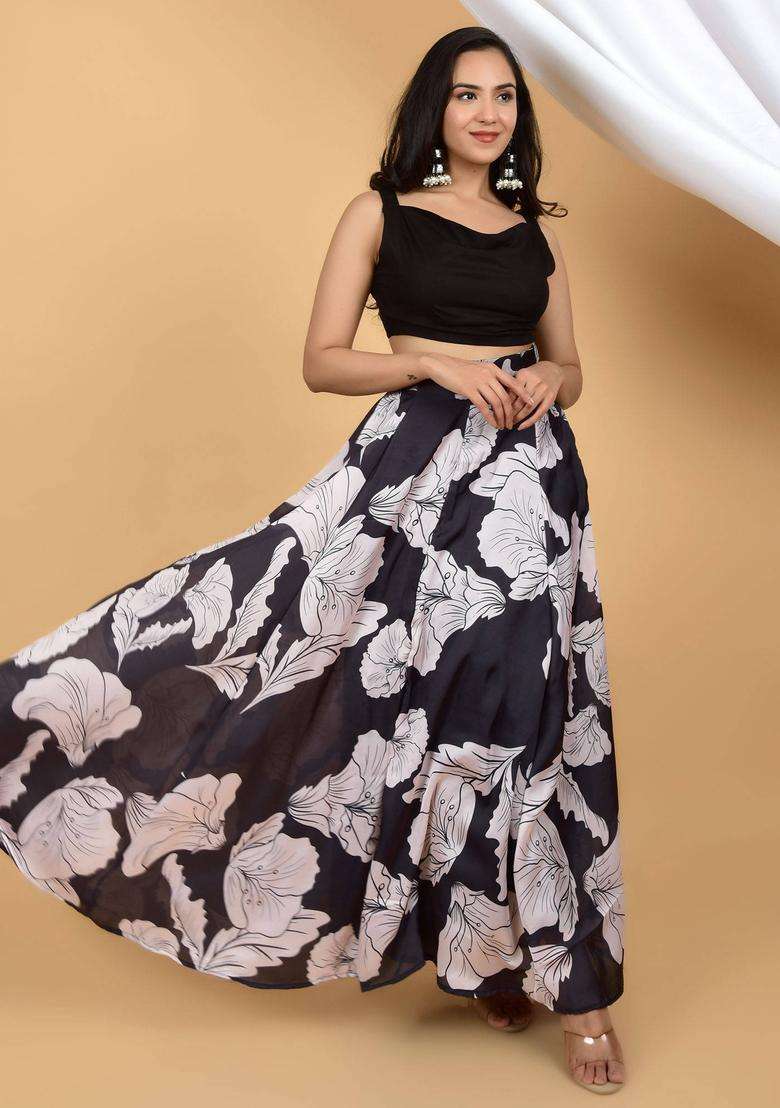 Black Trendy Silk Three Piece Co Ord Set for Women Festive Wear - Indya