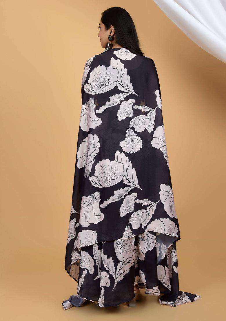 Black Trendy Silk Three Piece Co Ord Set for Women Festive Wear - Indya