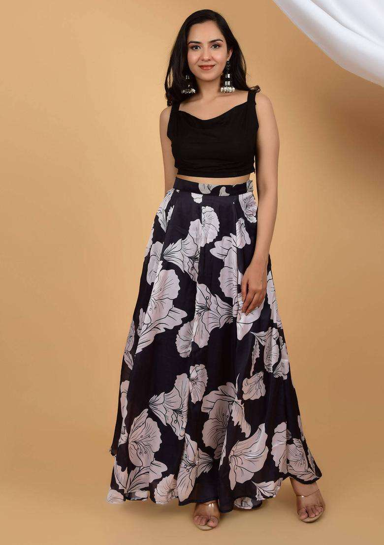 Black Trendy Silk Three Piece Co Ord Set for Women Festive Wear - Indya