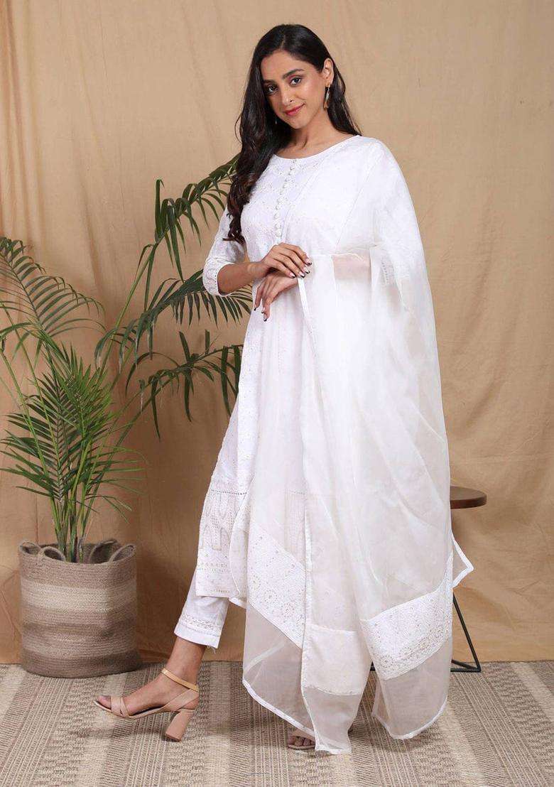 Chikankari Golden Embroidered Kurta Set of 3 for Women Casual Wear - Indya