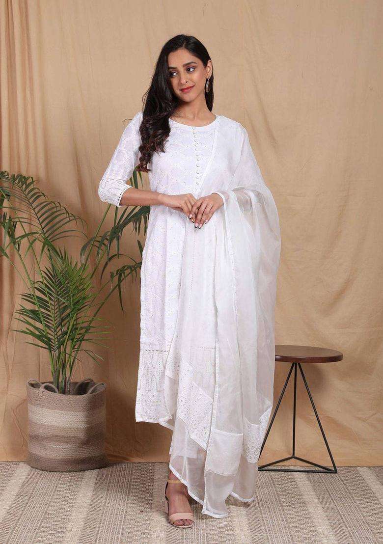 Chikankari Golden Embroidered Kurta Set of 3 for Women Casual Wear - Indya