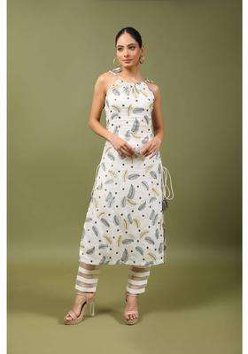 Off White Dazzling Cotton Embroidered Kurta and Pant with Dori Work Set of 2 for Women Festive Wear
