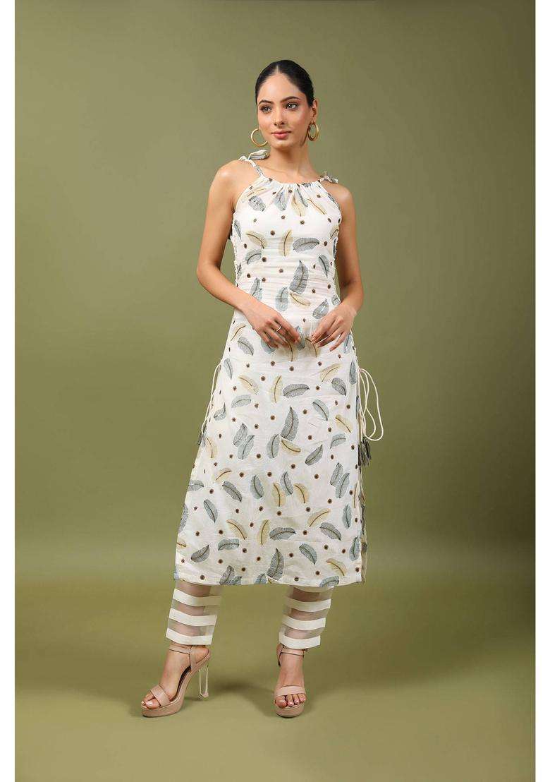 Off White Dazzling Cotton Embroidered Kurta and Pant with Dori Work Set of 2 for Women Festive Wear - Indya