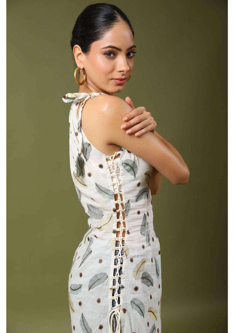 Off White Dazzling Cotton Embroidered Kurta and Pant with Dori Work Set of 2 for Women Festive Wear - Indya