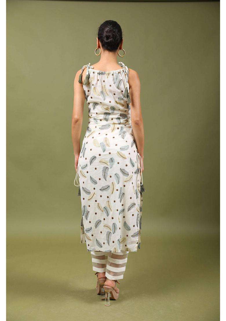 Off White Dazzling Cotton Embroidered Kurta and Pant with Dori Work Set of 2 for Women Festive Wear - Indya