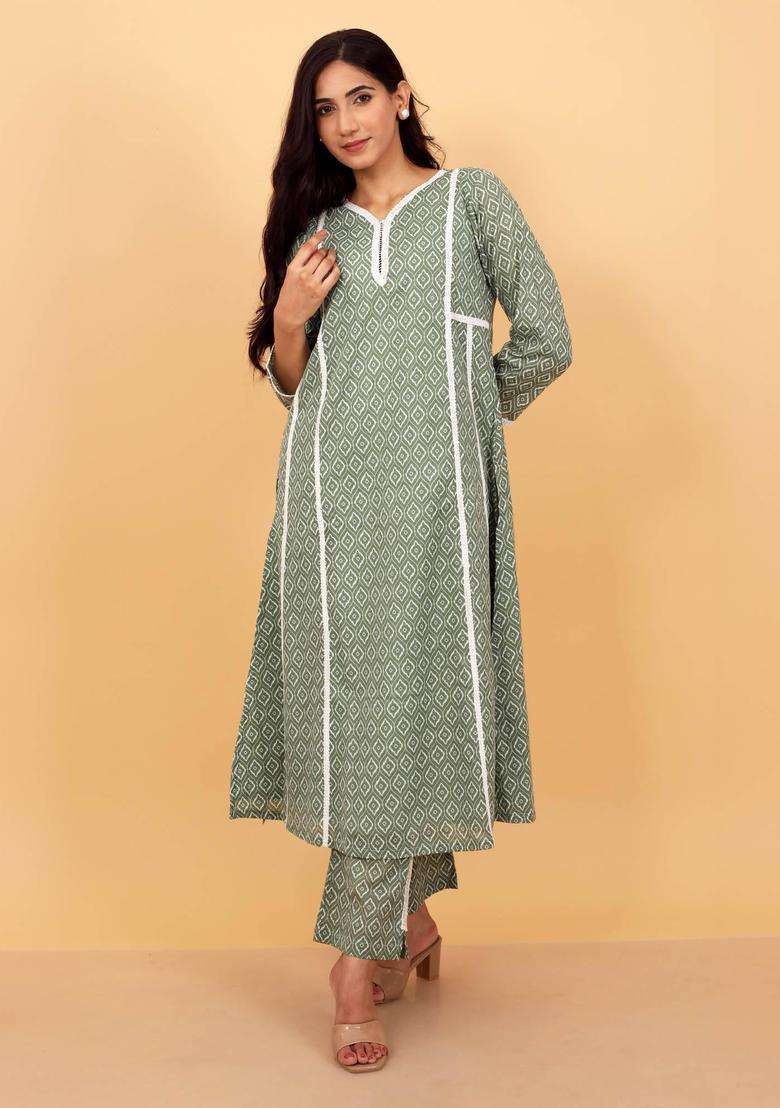 Green Effortless Printed Cotton Kurta and Pant Set of 2 for Women Casual Wear - Indya